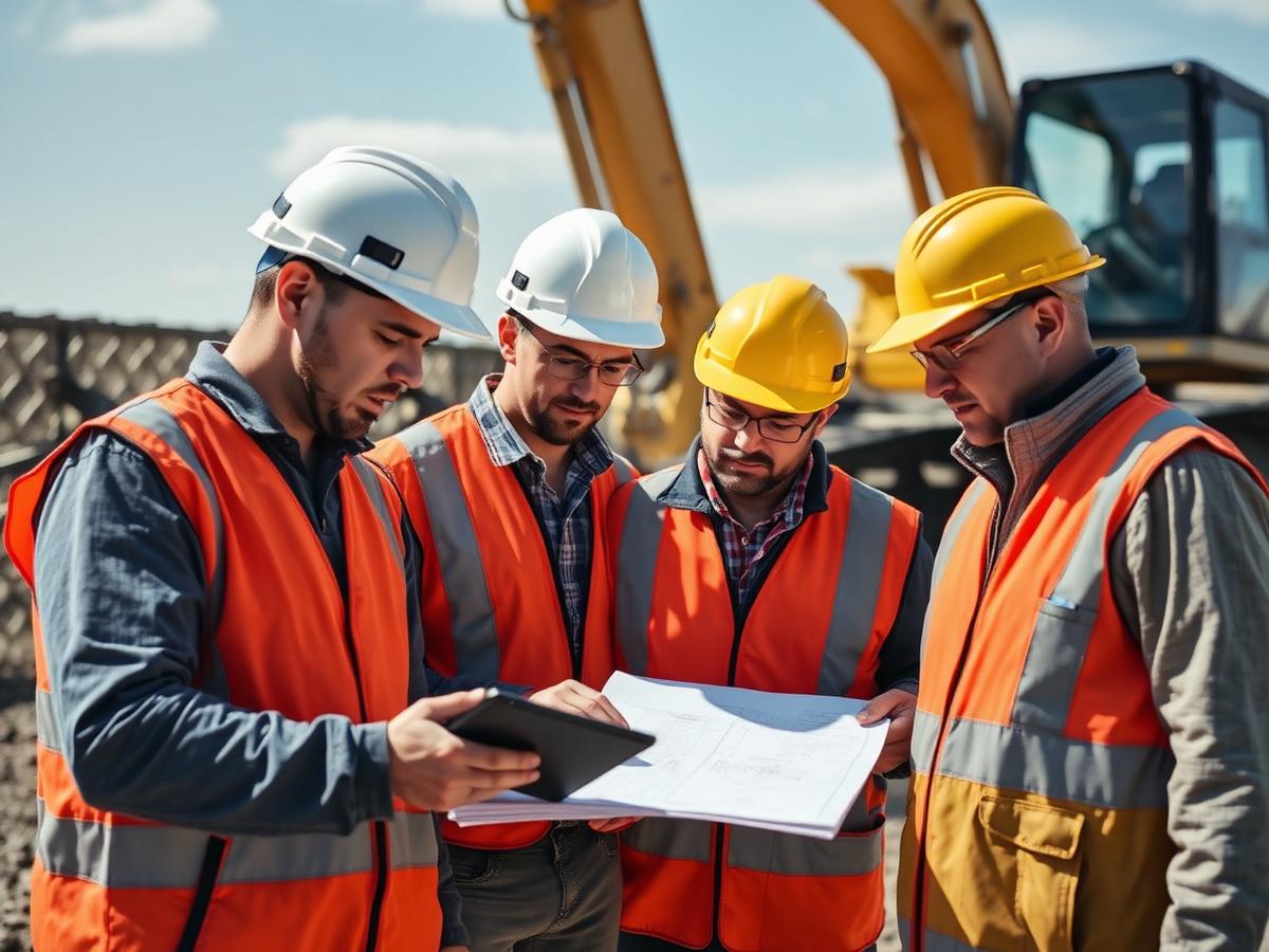 Radius Excavation crew reviewing site plans next to construction equipment
