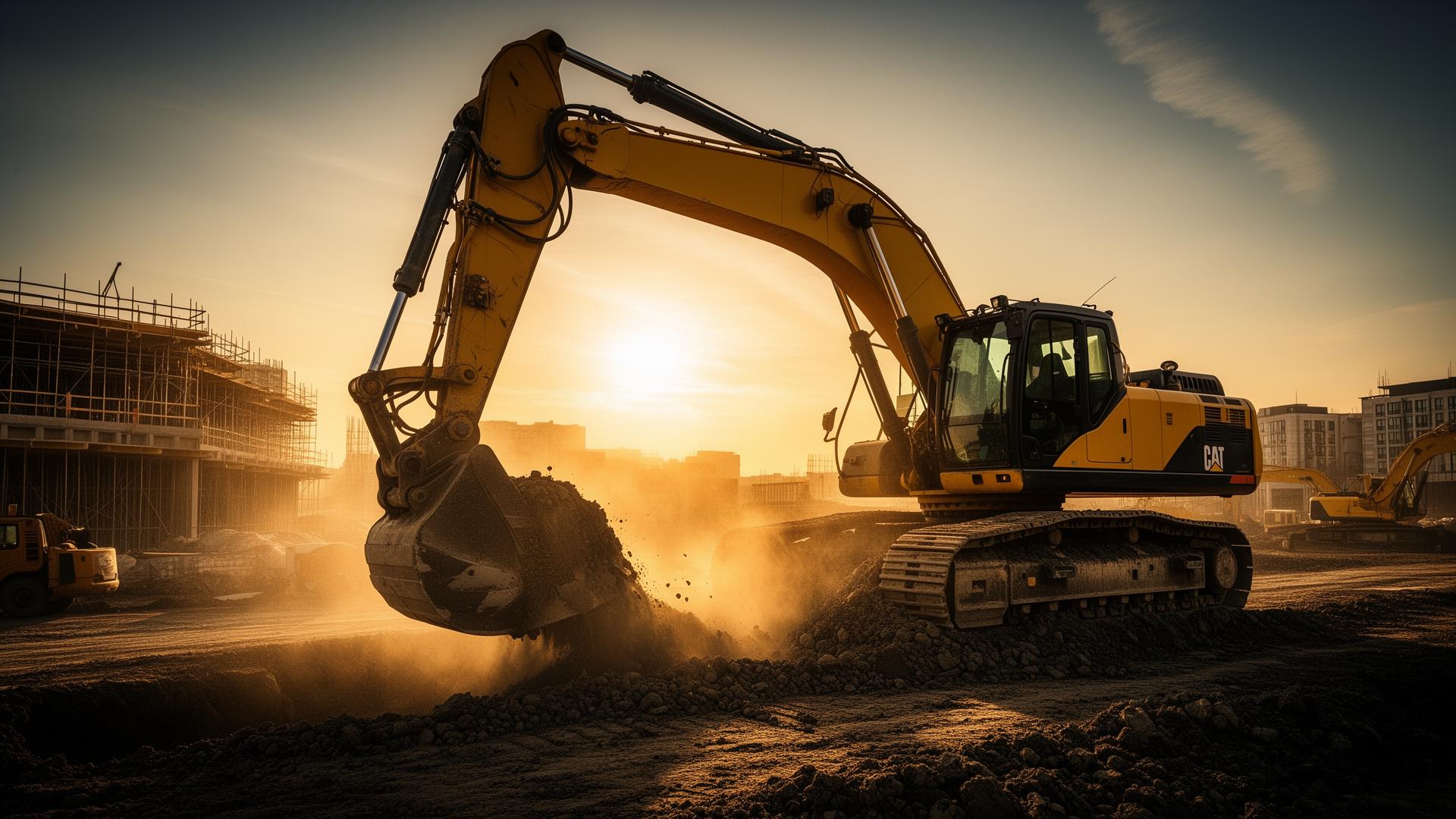 Excavator working at a construction site in Vancouver, BC at golden hour